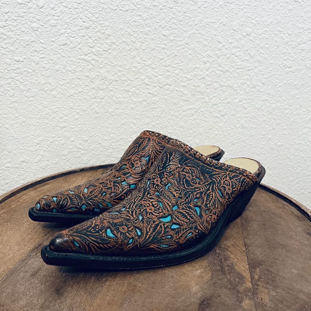 Stetson Brown Turquoise Blue Embossed Leather Pointed Toe Mules Women's Size 6